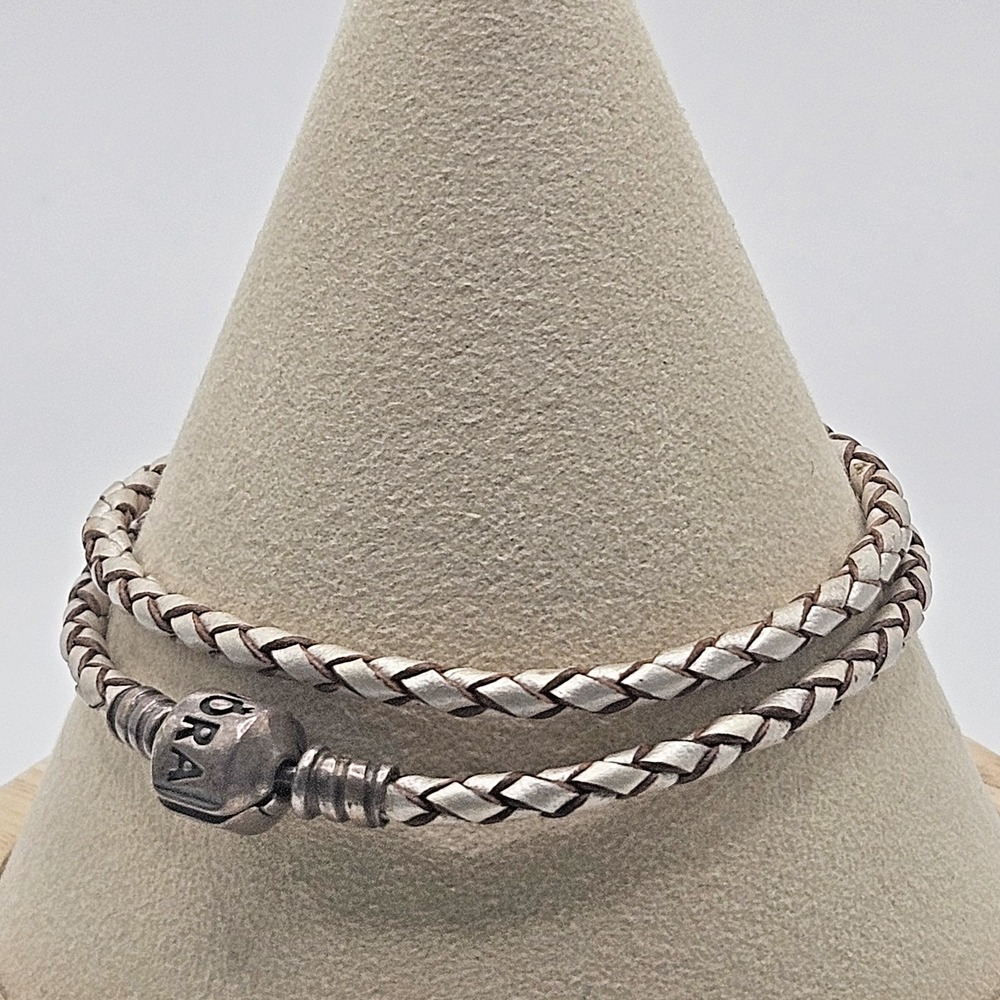 Pandora Sterling Silver Braided Leather Double Wrap Bracelet Champagne/Brown
